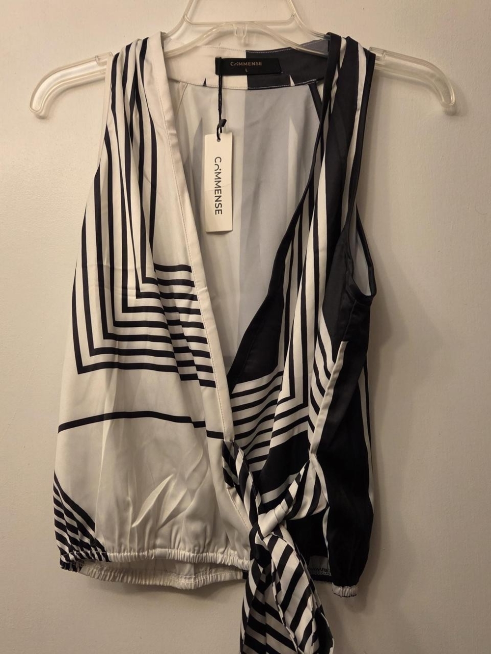 Commense Black & White Striped Wrap Top